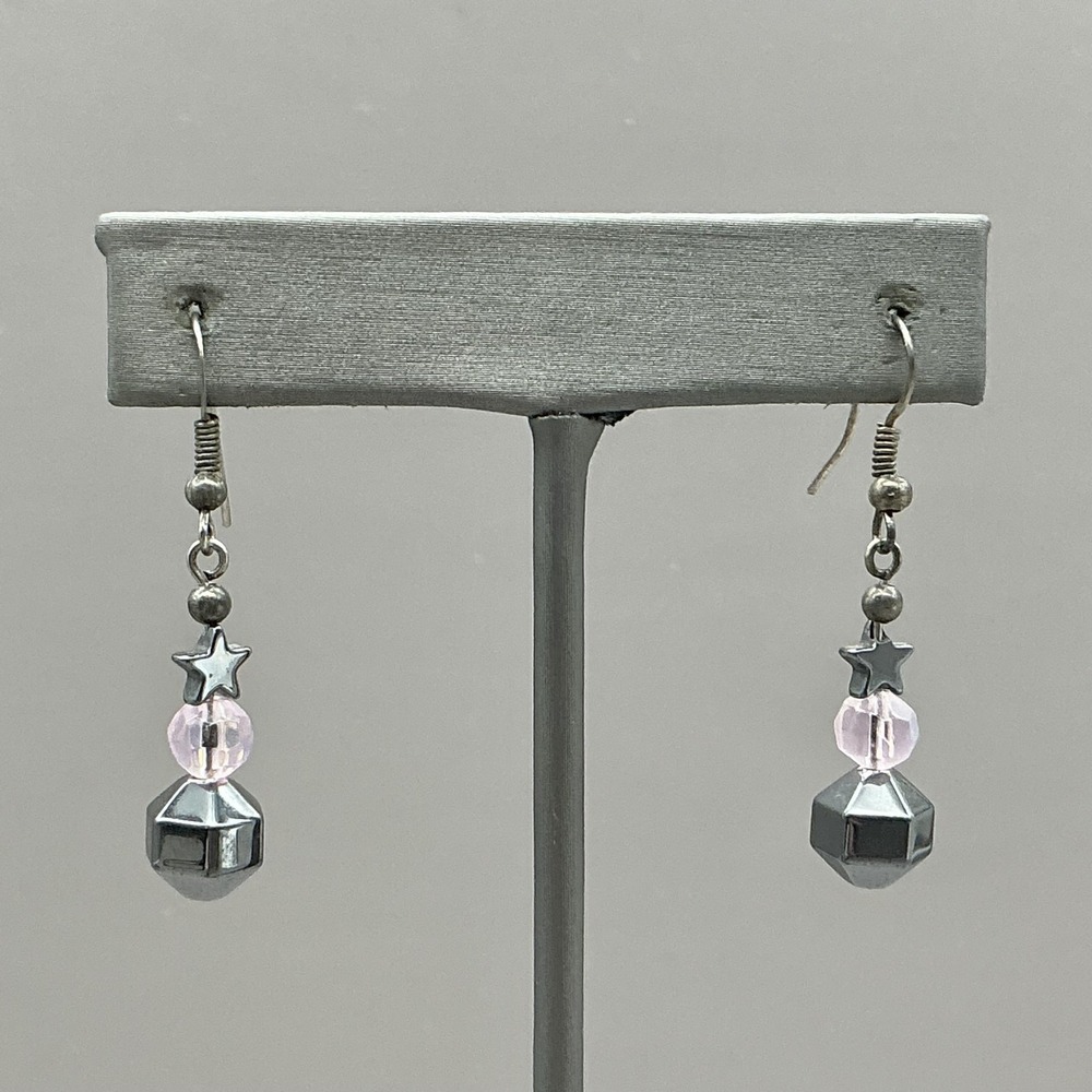 Earrings Silver Tone‎ Pink Glass Star Celestial Dangle Drop Womens 1.5" Jewelry